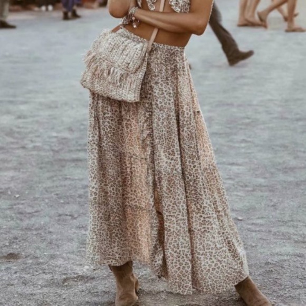 Boho Animal leopard Print drawstring Maxi Skirt - Picture 1 of 3